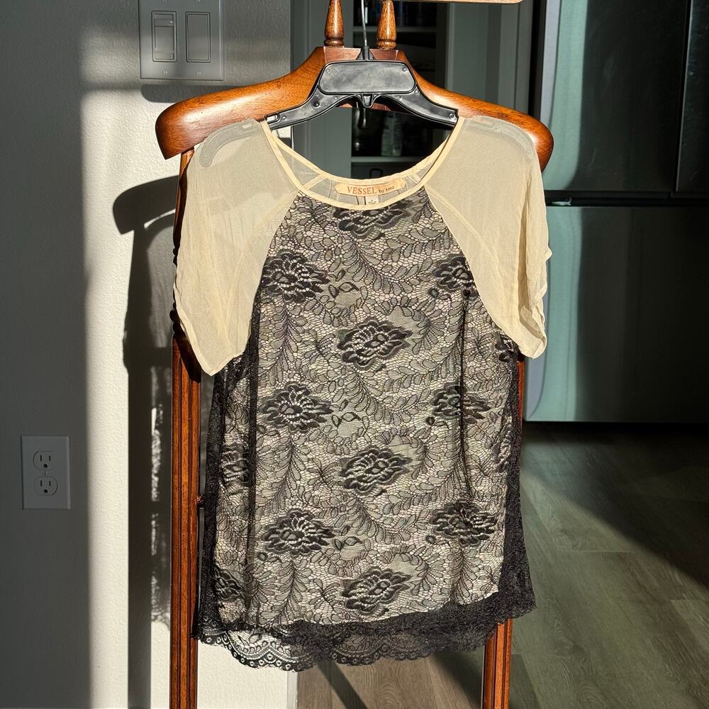 Vessel by Timo Silk Lace Blouse Top Black Ivory Sheer Chiffon Short Sleeve Sz S